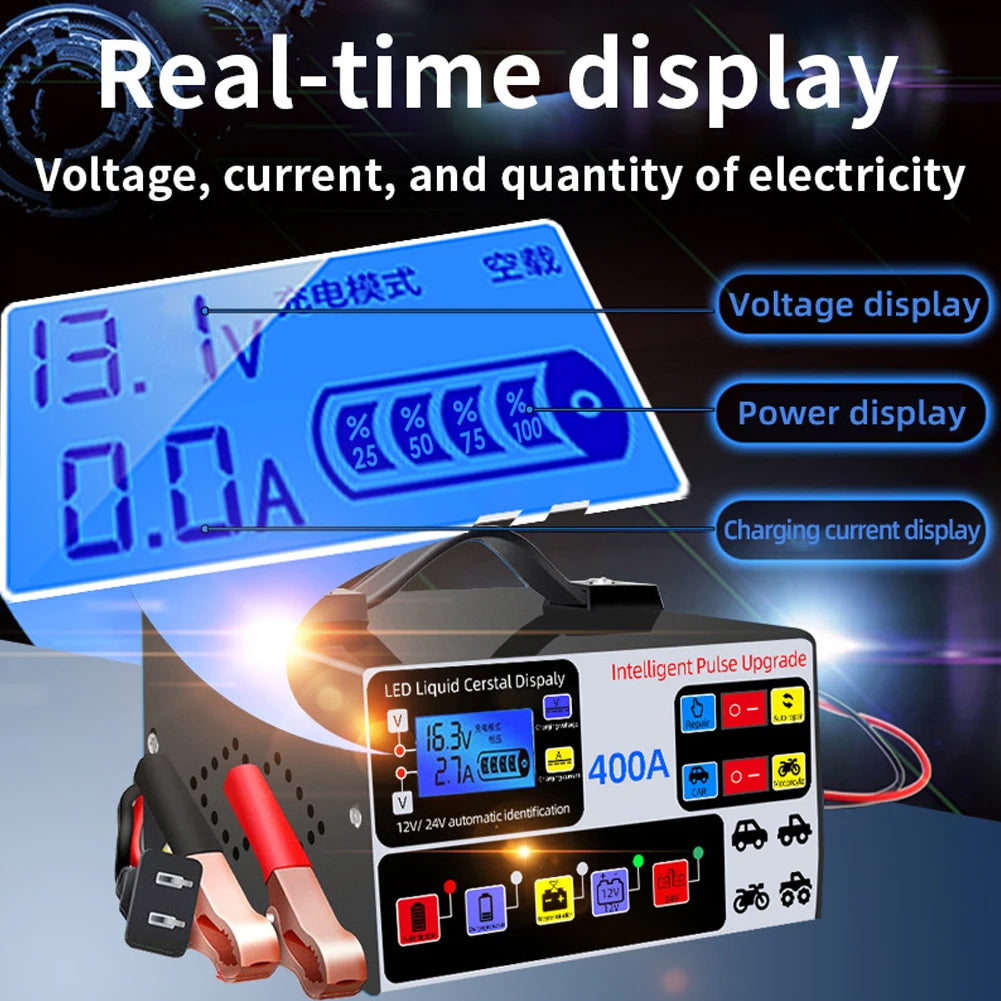 Heavy Duty Car Battery Charger 12/24V 400A Full Automatic Car Battery Charger 220W High Power Smart Pulse Repair Battery Charger