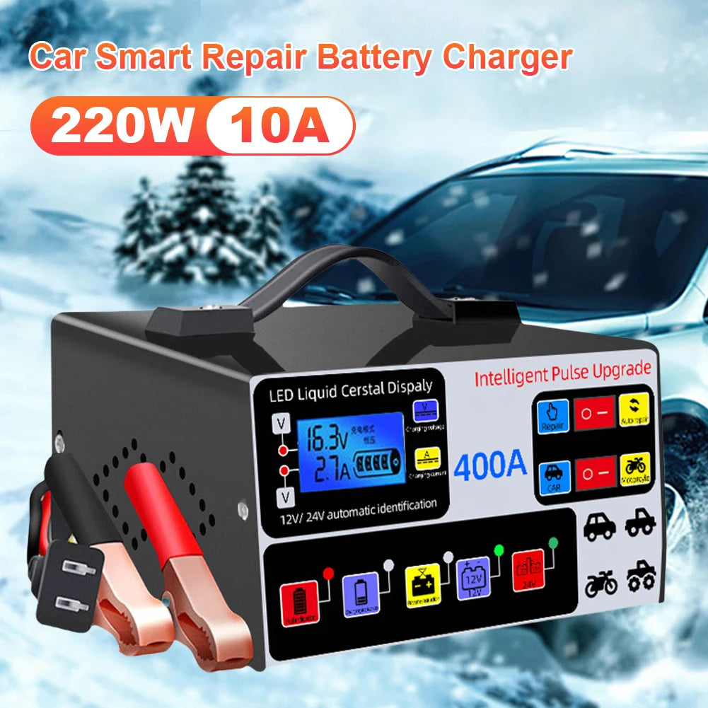 400A Battery High Power Fast Charger 12V/24V Intelligent Pulse Repair Charger LCD Display Self-Stop Battery Charger Five-Stage