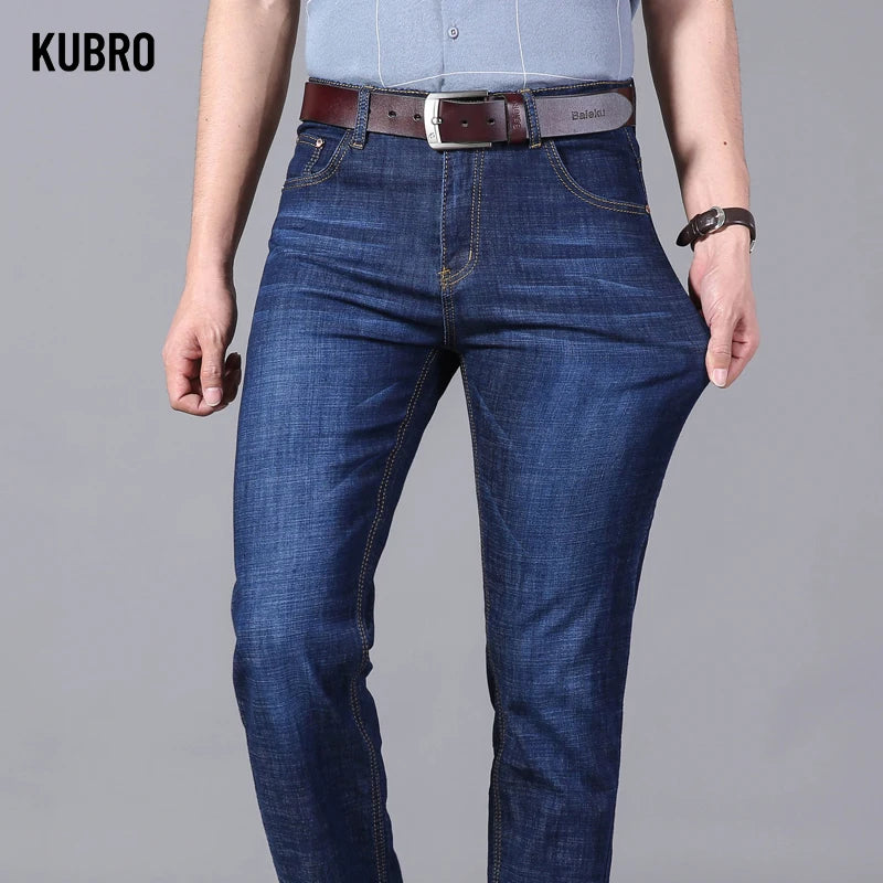 KUBRO Men's Jeans Summer Thin Pants Straight Blue Jean Baggy Casual Work Denim Pant High Elasticity Wide Leg Business Male