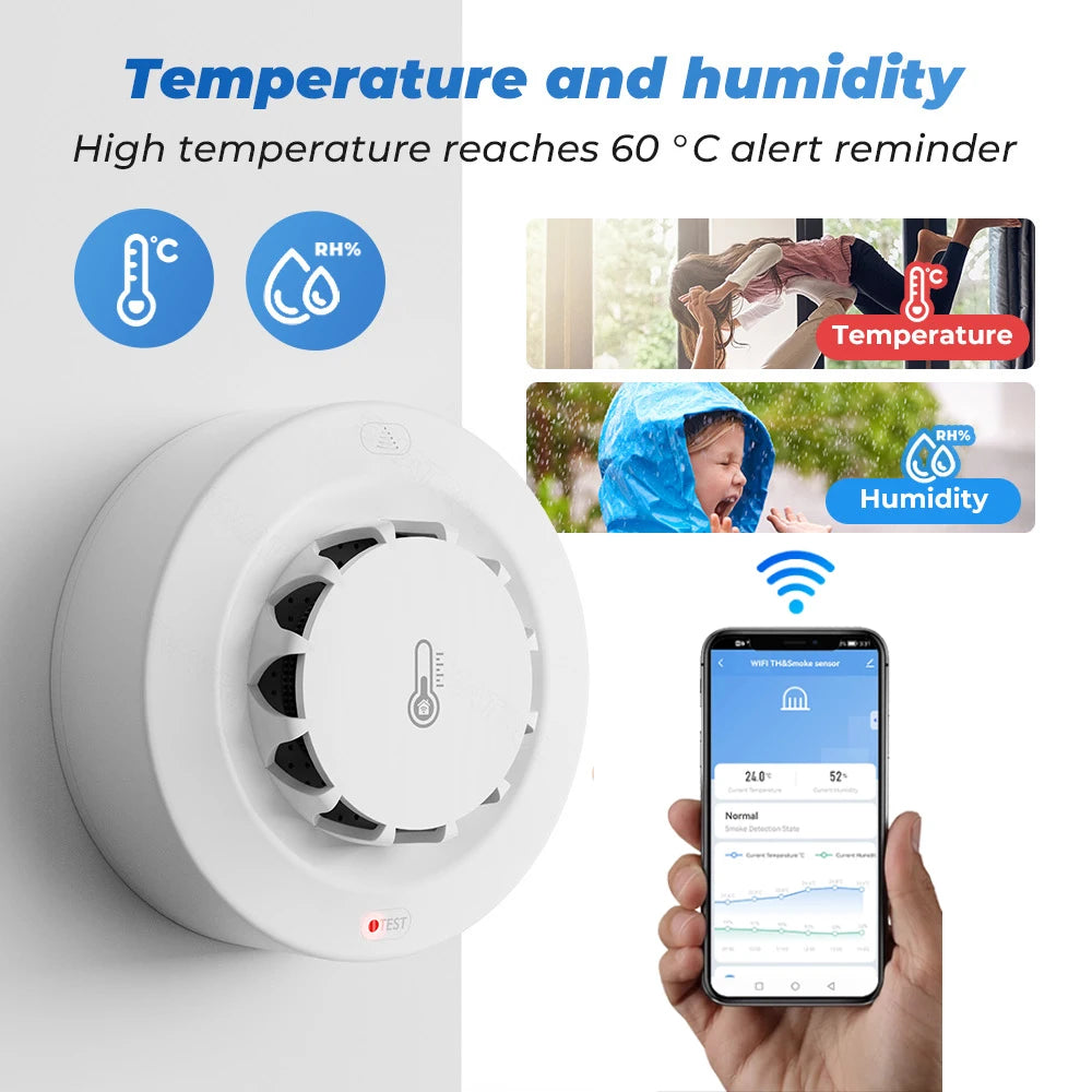 Tuya WiFi Smoke Alarm Temperature and Humidity Sensor Smoke Detector Fire Protection Alarm Smokehouse Combination Firefighters