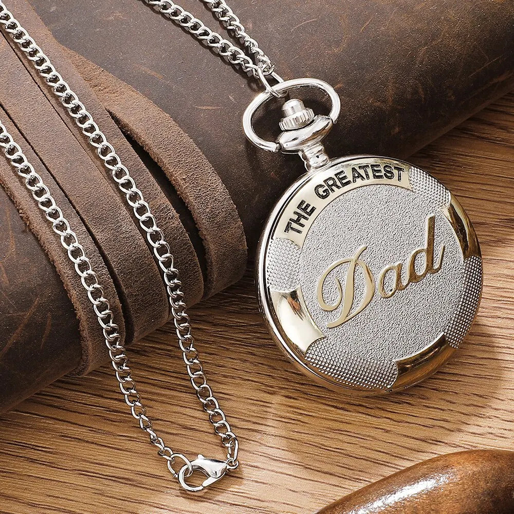 Vintage Silver Golden Luxury THE GREATEST DAD Quartz Pocket Watch Fob Chain Necklace Mens Fathers Gifts Clock Relogio De Bolso