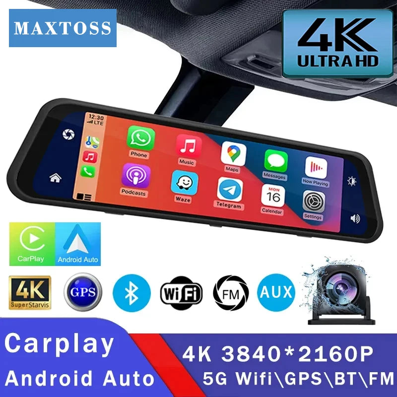 4K 3840*2160P Dash Cam Carplay Android Auto Car Dvr Stream RearView Mirror GPS 5G WIFI FM Radio Dashcam Camera Drive Recorder