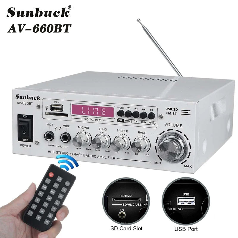 SUNBUCK AV-660BT Sound Amplifier CH 2.1 Power Amplifiers For Home Car Meeting Theater AMP Support EQ FM USB SD Card 2 Mic input