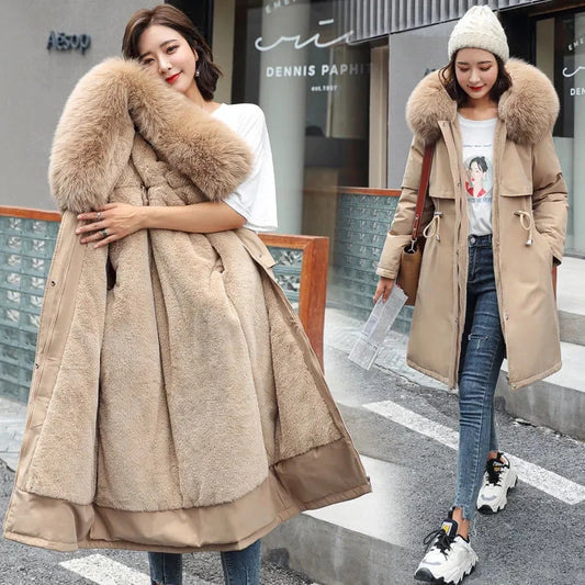 Winter Women Jacket Parka Clothes Loose Long Coat Wool Liner Hooded Jacket Fur Collar Warm Thick Warm Snow Wear Padded Parka