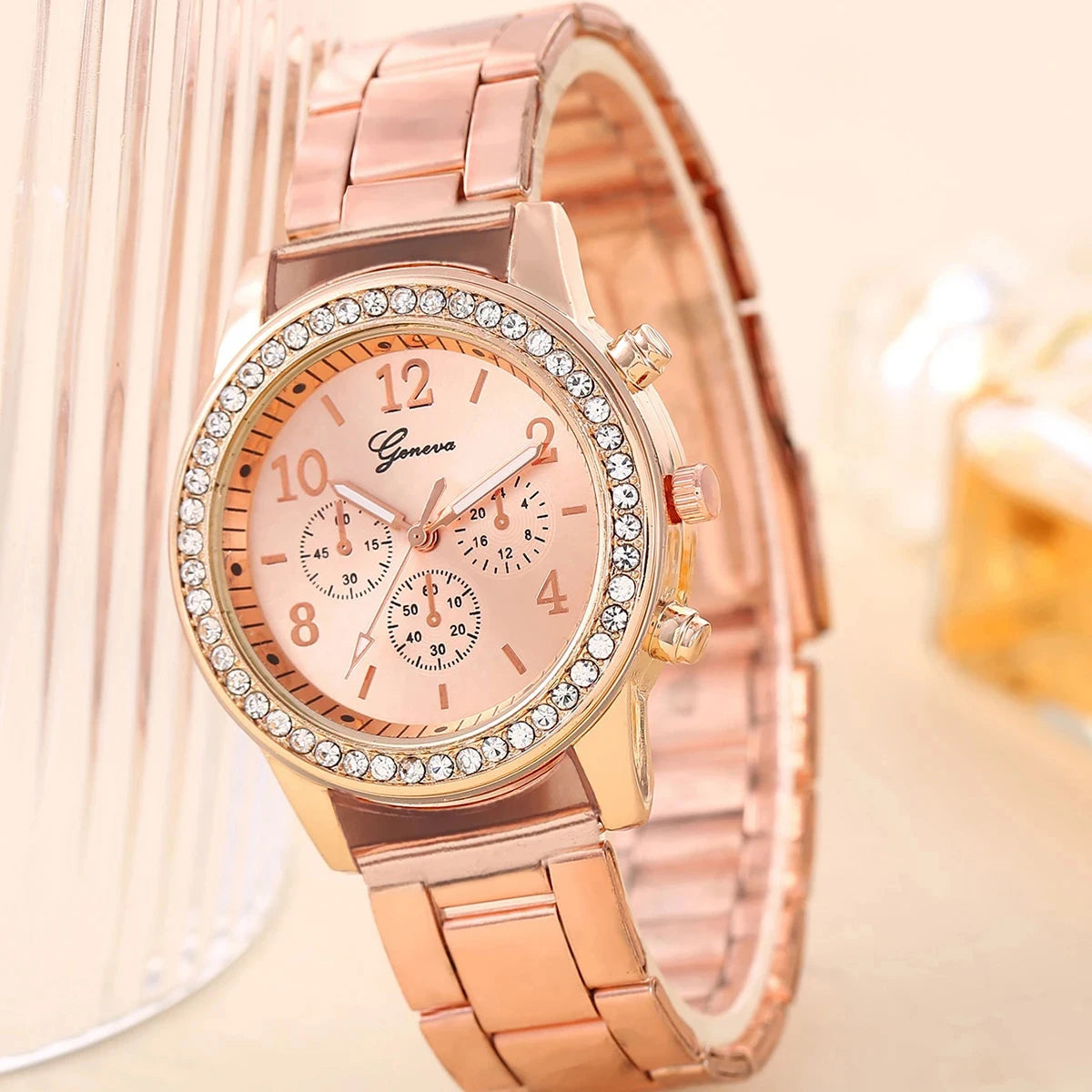 6PCS Set Rose Gold Luxury Watch Women Ring Necklace Earring Rhinestone Fashion Wristwatch Casual Ladies Bracelet Watches