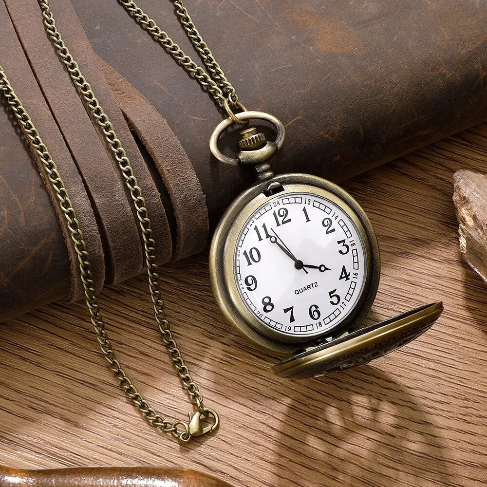 Antique Steampunk Vintage Roman Numerals Quartz Pocket Watch Bronze Case Necklace Pendant Clock Chain Mens Women