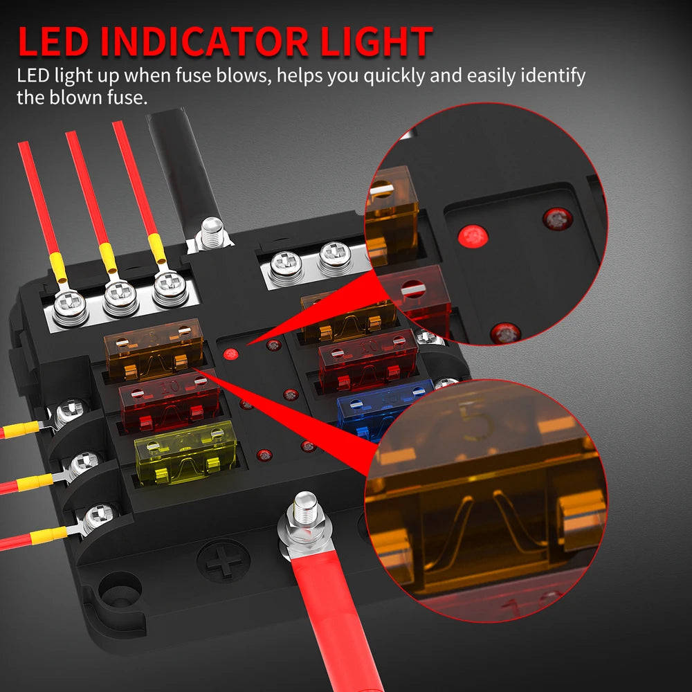 12V 6-Way Blade Fuse Block with  LED Indicator Waterproof Protection Cover and Label Sticker for Automotive Car Truck Trailer