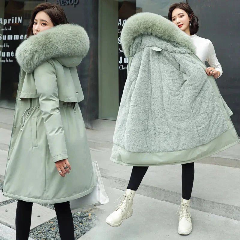 Winter Women Jacket Parka Clothes Loose Long Coat Wool Liner Hooded Jacket Fur Collar Warm Thick Warm Snow Wear Padded Parka