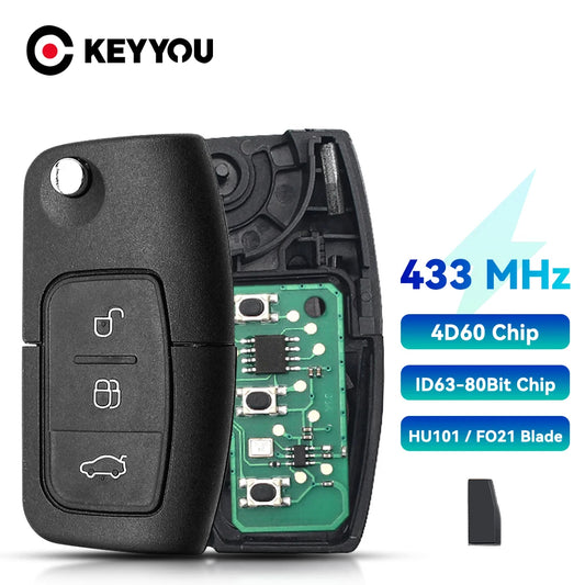 KEYYOU 4D63/4D60 Chip Car Remote Key DIY 433MHz For Ford Fusion Focus Mondeo Fiesta Galaxy Uncut HU101 Blade Vehicle Flip Key