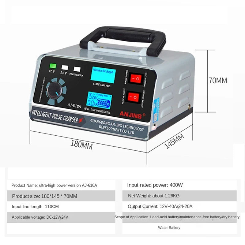 Large Power 400W 260W Battery Charger 12V/24V Car  Battery Charger Trickle Smart Pulse Repair for Car SUV Truck Boat Motorcycle