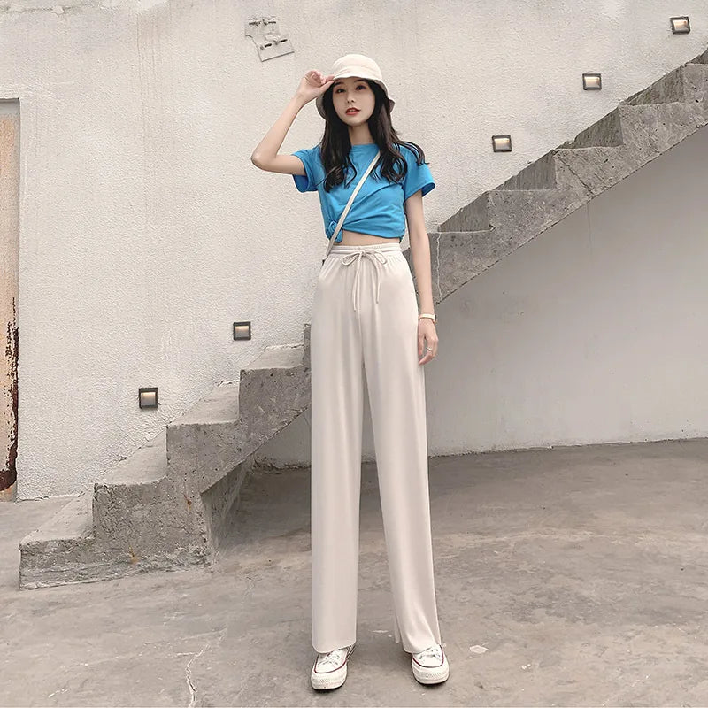 Women Long Pants 2024 Spring Summer Straight Long Elastic Waist Wide Leg women long trousers Casual Soft Knitted Pants