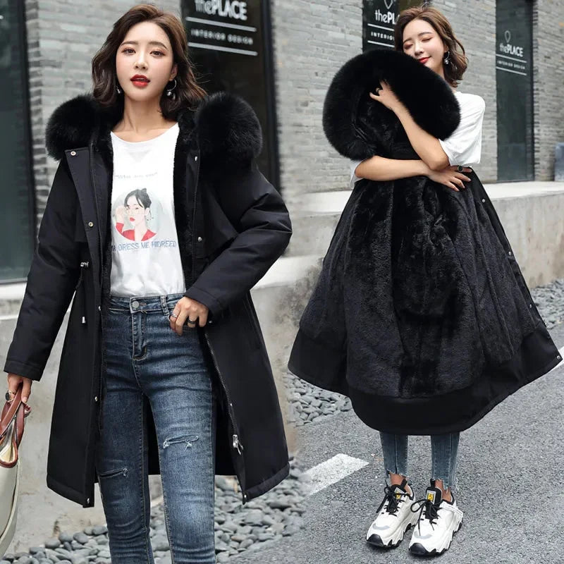 Winter Women Jacket Parka Clothes Loose Long Coat Wool Liner Hooded Jacket Fur Collar Warm Thick Warm Snow Wear Padded Parka