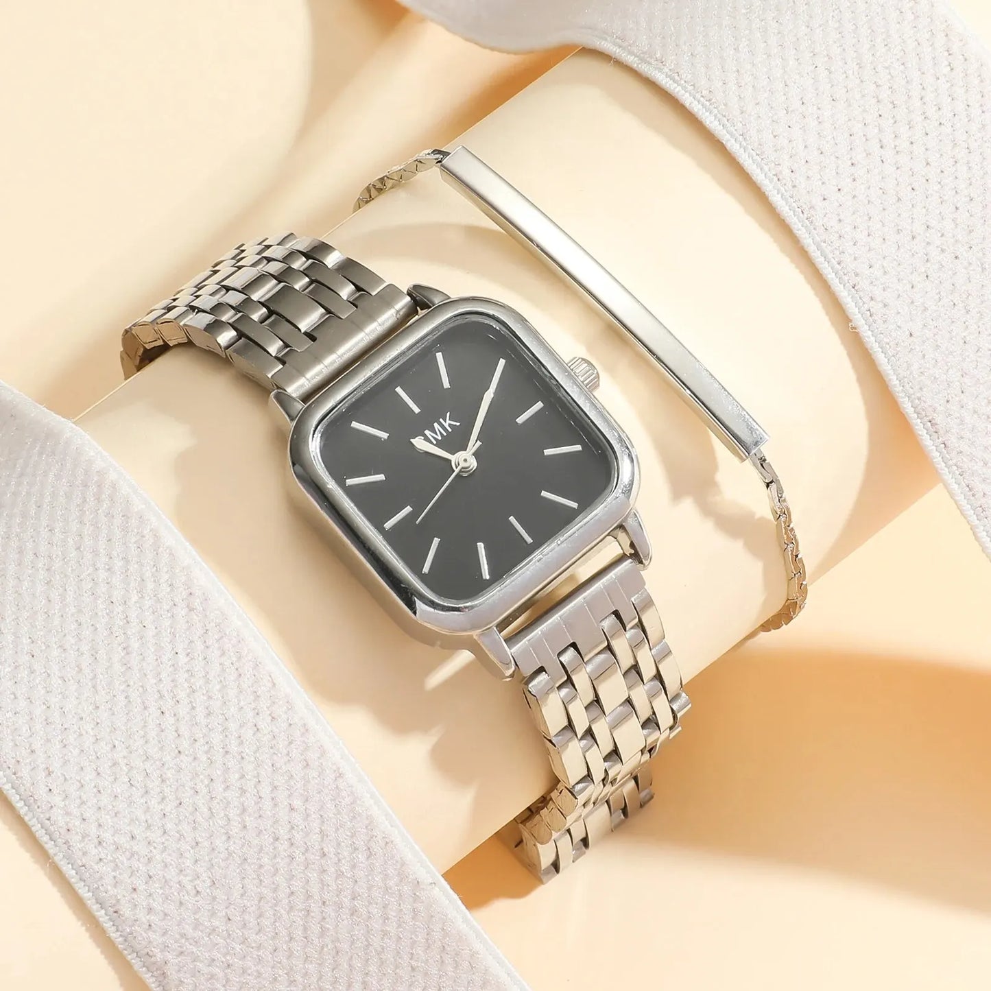 Popular Women Square Roman Steel Belt Quartz Watch Bracelet Set