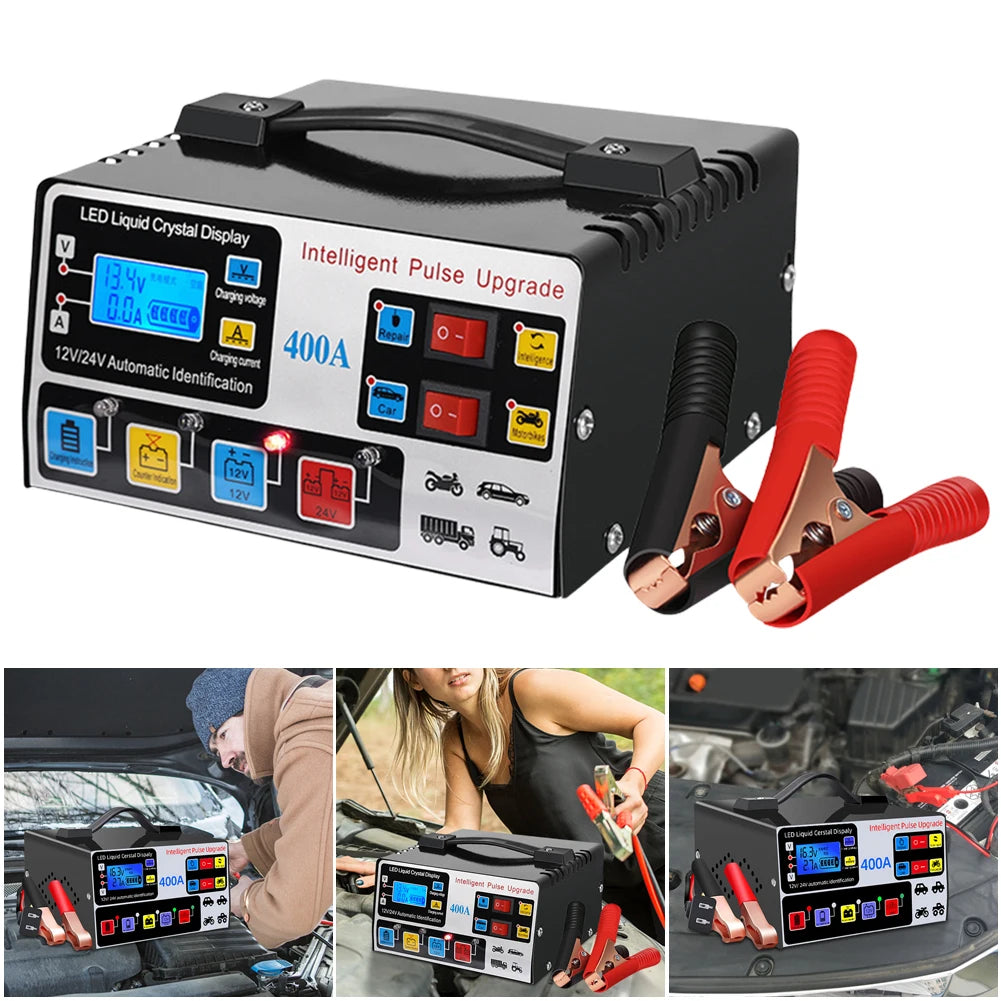 400A Car Battery Charger 12V/24V Battery High Power Fast Charger 220W Intelligent Pulse Repair Charger Self-Stop Battery Charger