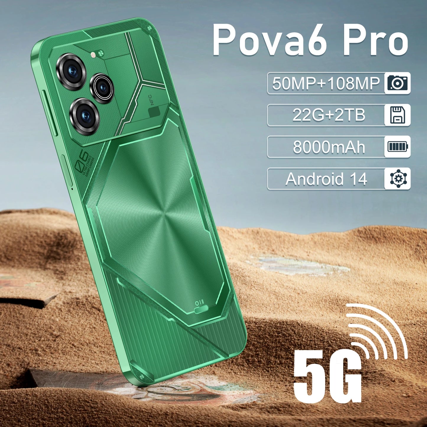 2024 Original Pova 6 Pro Android 14 Smartphone 5G HD 7.3inch 22G+2TB Dual SIM Celular 50+108MP 8000mAh Unlocked Phone Mobile