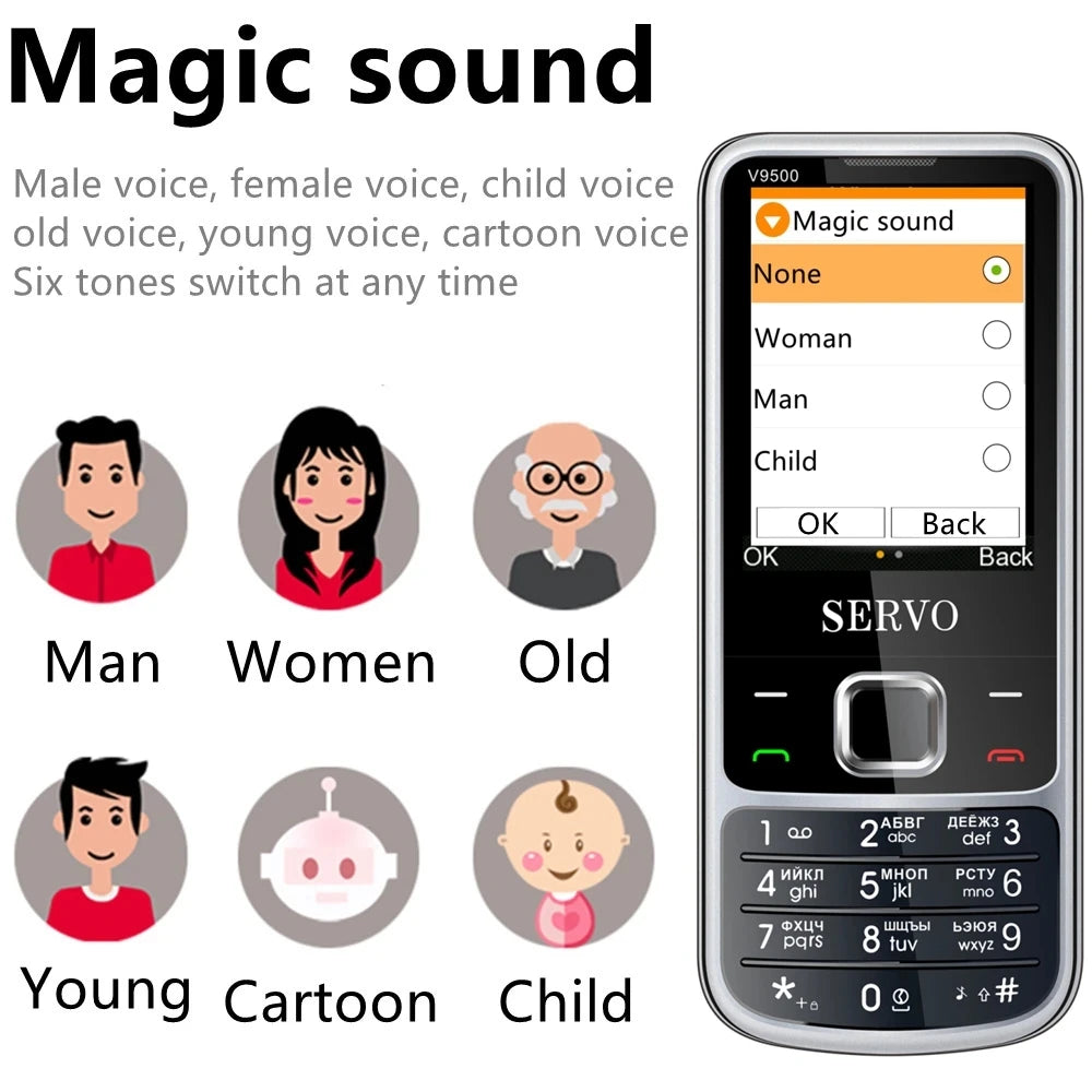 SERVO V9500 Durable Feature Mobile Phone 4 SIM Standby Six Magic Voices 1200mAh FM Radio Call Recording Button Phones Low Prices