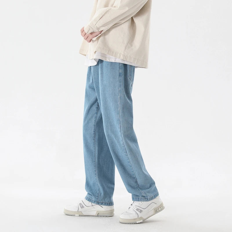 2023 New Korean Fashion Men's Casual Ankle-Length Jeans Classic Man Straight Denim Wide-leg Pants Light Blue Grey Black 3XL