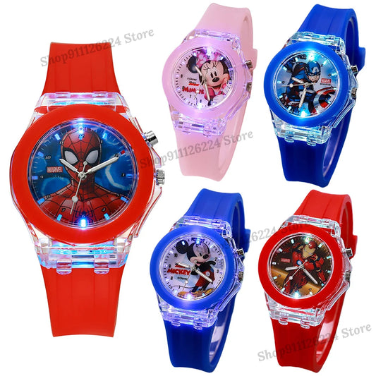 Disney Mickey Mouse Girls Watches Children Silicone Strap Colorful Light Spiderman Kids Watch Student Quartz Clock reloj infanti