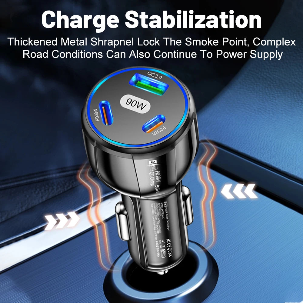 3 in 1 Fast Charging Car Charger (30W PD USB C+30W PD USB C+30W USB A) Type C Car Phone Adapter Quick Charge For iPhone Xiaomi