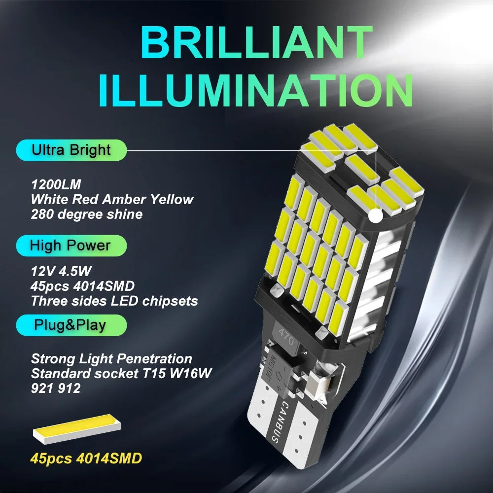 10PCS T15 W16W 921 912 T16 T10 902 LED Bulbs High Power 45pcs 4014SMD Super Bright 1200LM Replace for Car Reversing Light White