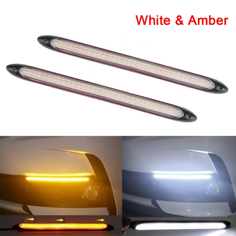 2PCS Car Car Front LED DRL Day Time Running Light Strips Sequential Flow Yellow Turn Signal White External Light