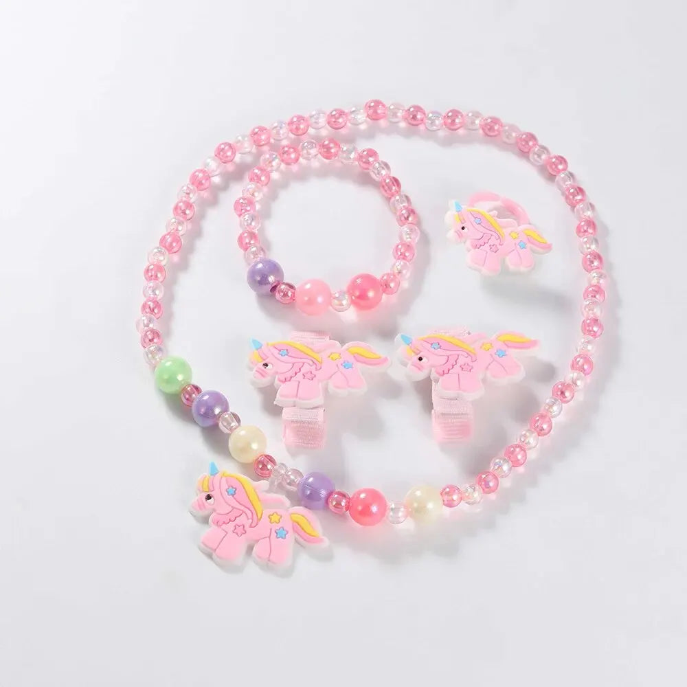 6pcs Children's Watch Set Cute Pink Watch Necklace Ring Bracelet Hairpin Watch Set