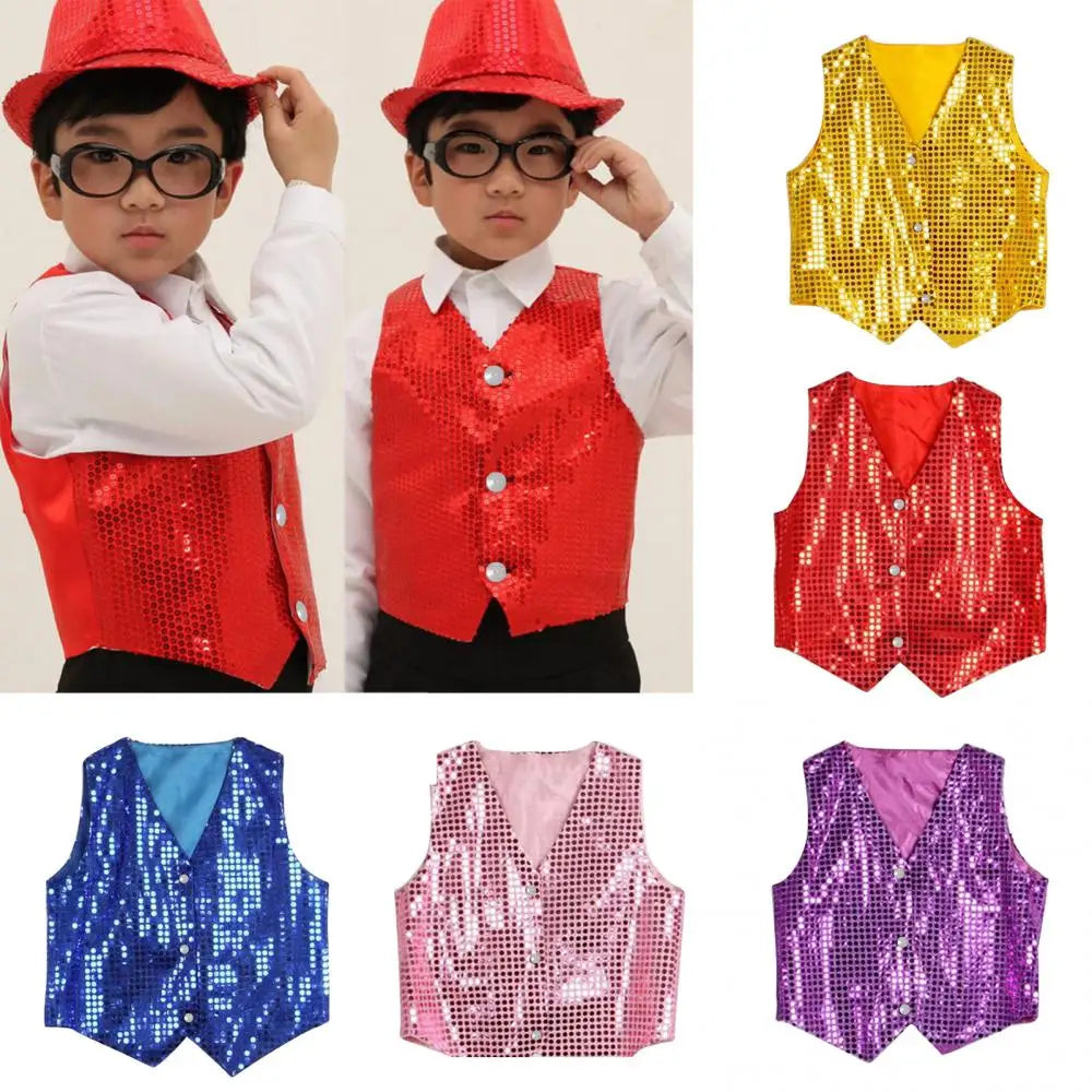 Children Shining Sequins Clothes Boys Students Christmas Stage Performance Costumes Kids Hip-hop Jazz Stage Dance Vest Waistcoat