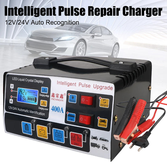 Intelligent Fully Automatic Car Battery Charger LCD Display 12V/24V 220W Pulse Repair High Power EU Plug