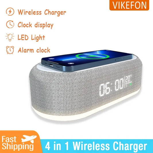 Wireless Chargers Pad Phone Alarm Bedroom Lamp Night Light Desktop Clock Thermometer For iPhone 15 14 Samsung Fast Charging Dock