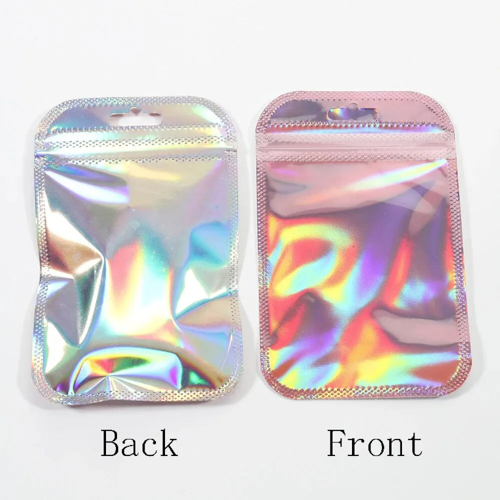 50pcs 8.5x13cm Pink Zipper Bag Thicken Transparent Laser Plastic Bag Sealing Pouches for Jewelry Display Nail Cosmetic Packaging