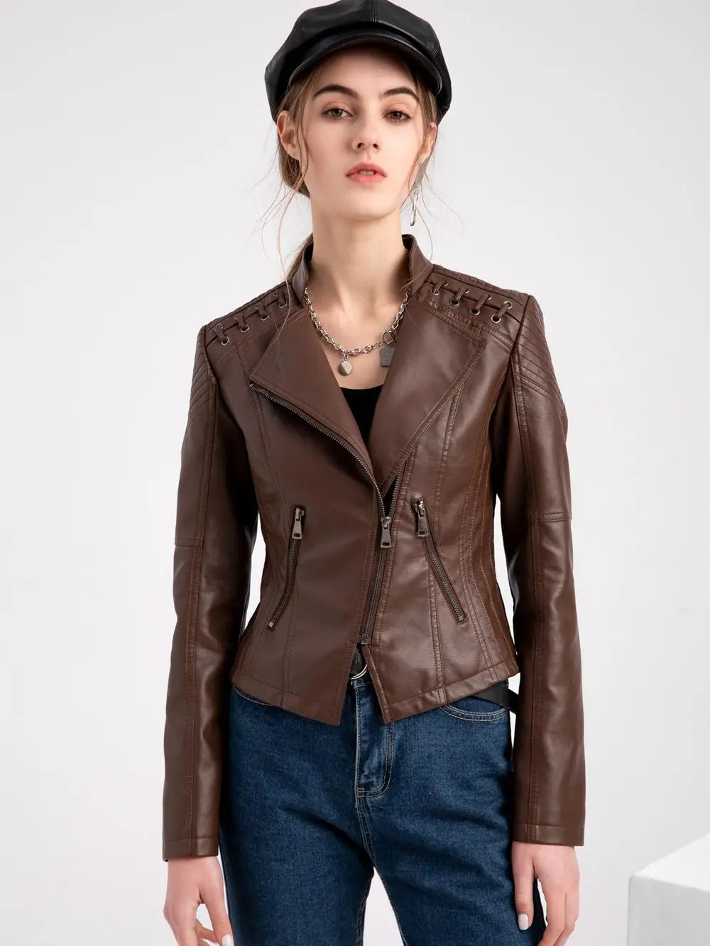 Women's Faux Leather Jackets Autumn Winter Long Sleeve Zipper Slim Motorcycle Biker Leather Coat Loose Fashion Outwear Tops