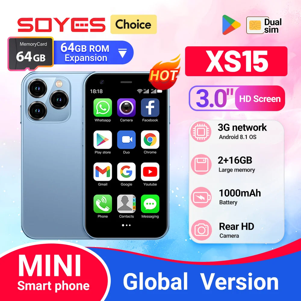 SOYES XS15 Mini Android8.1 Smart Phone 3.0 Inch Display 2GB RAM 16GB ROM Dual SIM Standby Play Store 3G Little Phone