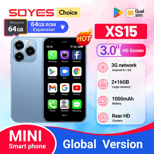 SOYES XS15 Mini Android8.1 Smart Phone 3.0 Inch Display 2GB RAM 16GB ROM Dual SIM Standby Play Store 3G Little Phone