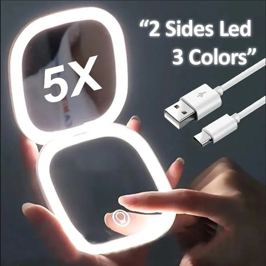 2 Face Sides Touch Compact Led 3 Colors Mini Foldable Cosmetic Charge Makeup Mirror With Light 5X Magnifying Small Pocket Travel