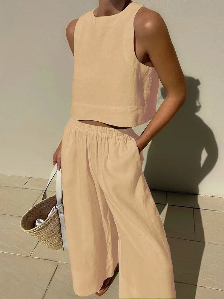 Casual Summer Two Piece Set Women Outfit 2023 White Solid Loose Tank Crop Top Wide Leg Pants Suits Chic and Elegant Woman Sets