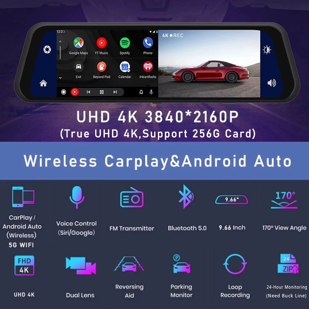 4K 3840*2160P Dash Cam Carplay Android Auto Car Dvr Stream RearView Mirror GPS 5G WIFI FM Radio Dashcam Camera Drive Recorder