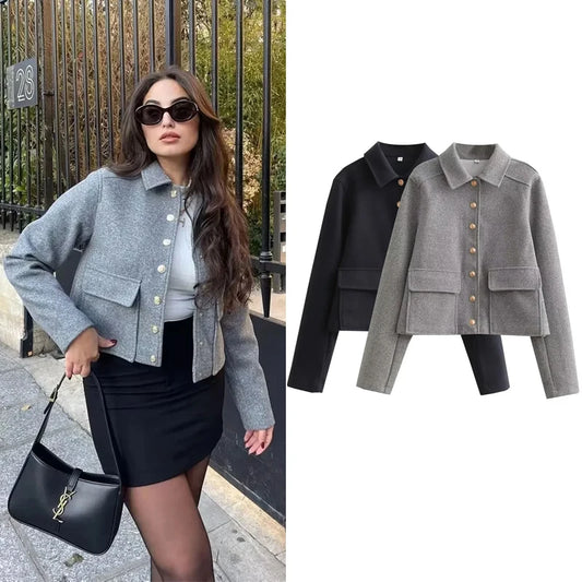 TRAF Women's Aviator Black Jacket Wool & Blends Coats Cropped Bomber Jacket  Autumn Winter Demi-season Crop Jacket Outerwears