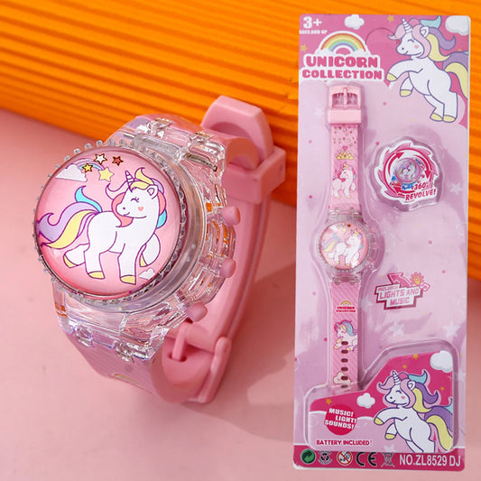 Fashion Creative Gyro Turntable Unicorn Light up Watch Students Watch Colorful Horse Light up Electronic Display