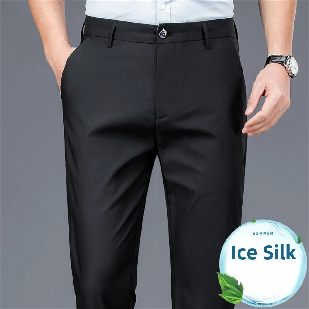 Men's Casual Business Pants Summer Thin Straight-leg Loose-fit Trousers Middle-aged Men Ice Silk Pants