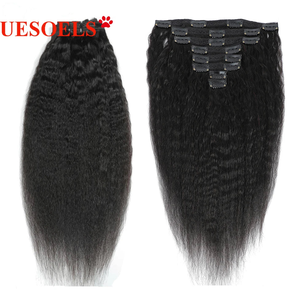 Kinky Straight Clips In Human Hair Extensions Natural Color In Brazilian 100% Remy Human Hair 120G 8Pcs/Set Full Head For Women