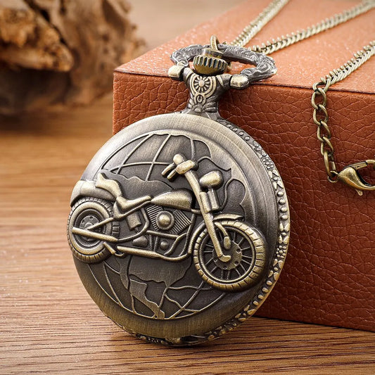 Retro Motorcycle CAR Pattern Quartz Pocket Watch Motorbike MOTO Design Pendant Fob Watch Chain Gifts for Men