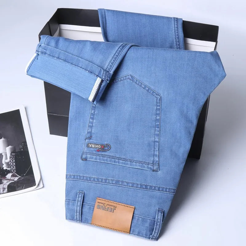 New Ice Silk Thin Denim Jeans For Men Blue Straight Stretch Cotton Pants Business Casual Lightweight Trousers Spring Summer