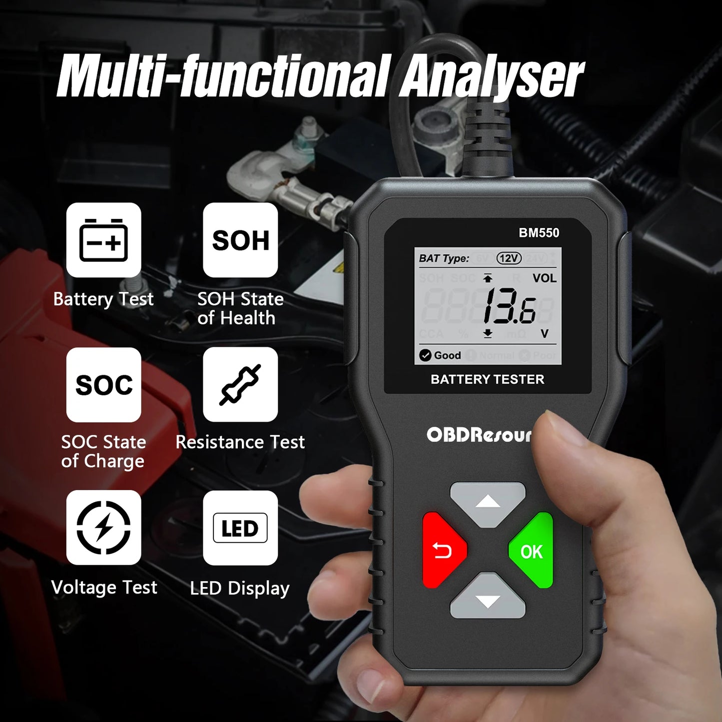 OBDMonster Auto Battery Analyzer BM550 Car Battery Tester 6V 12V 24V 100-2000 CCA Battery System Detect Car Battery Tools