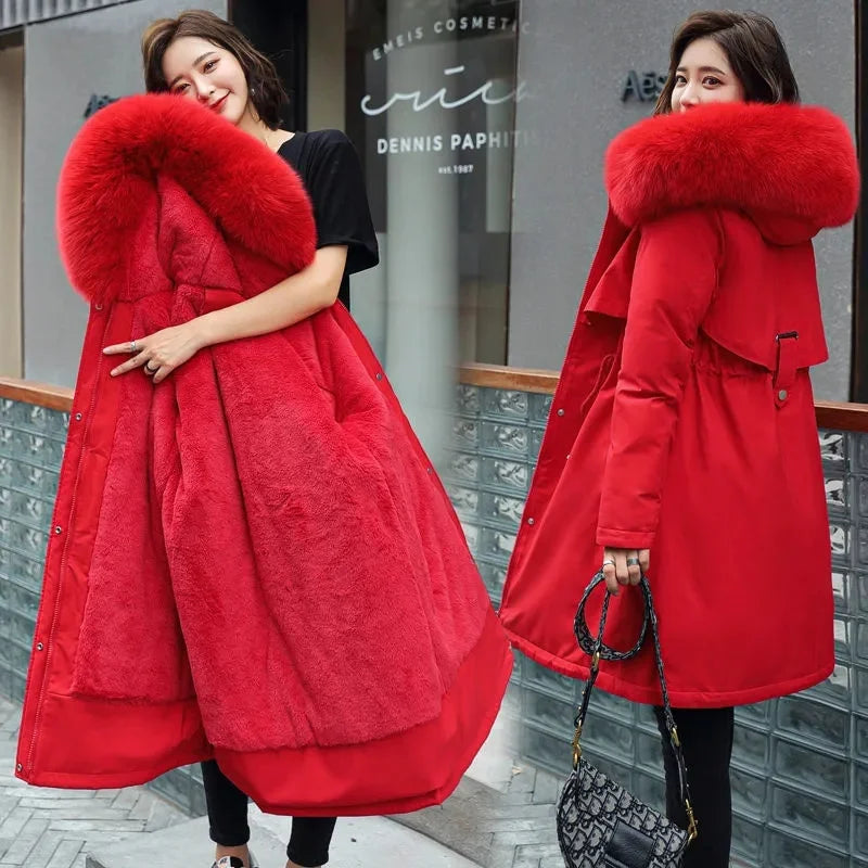 Winter Women Jacket Parka Clothes Loose Long Coat Wool Liner Hooded Jacket Fur Collar Warm Thick Warm Snow Wear Padded Parka