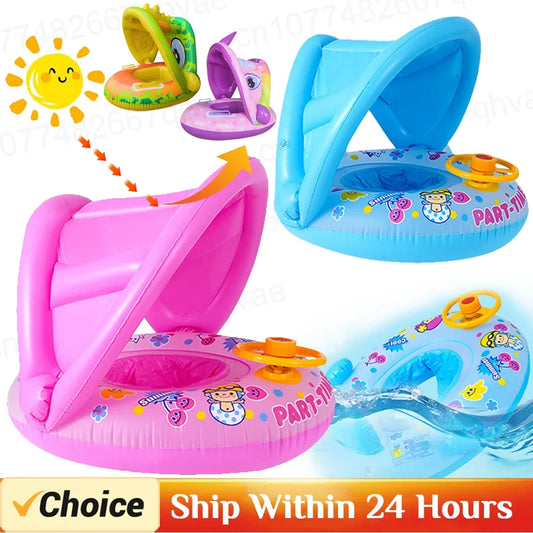 Inflatable Baby Swimming Rings Seat Floating Sun Shade Toddler Swim Circle Fun Pool Bathtub Summer Beach Party Water Toys