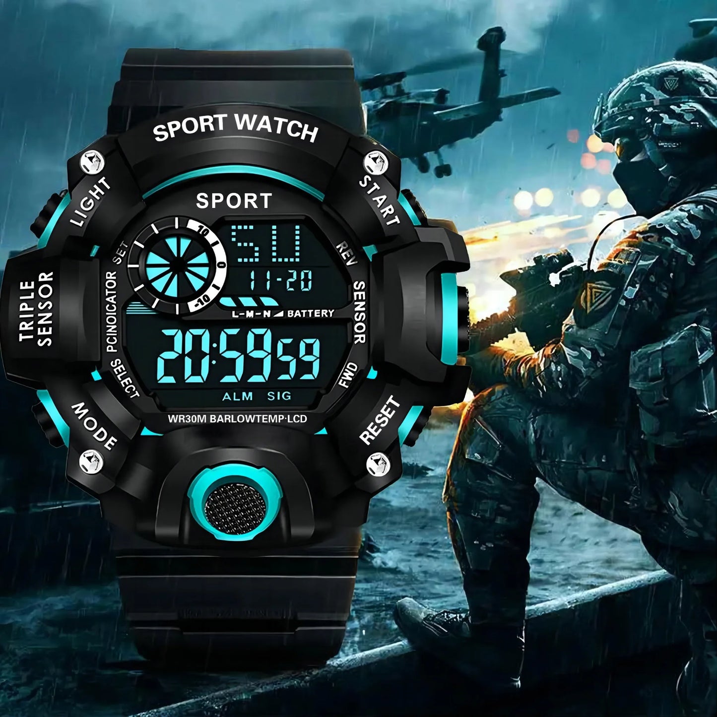 Men's Watch Fashion Sports Electronic Wristwatch Large dial Multifunctional Waterproof Luminous Alarm Kids Male's Military Watch