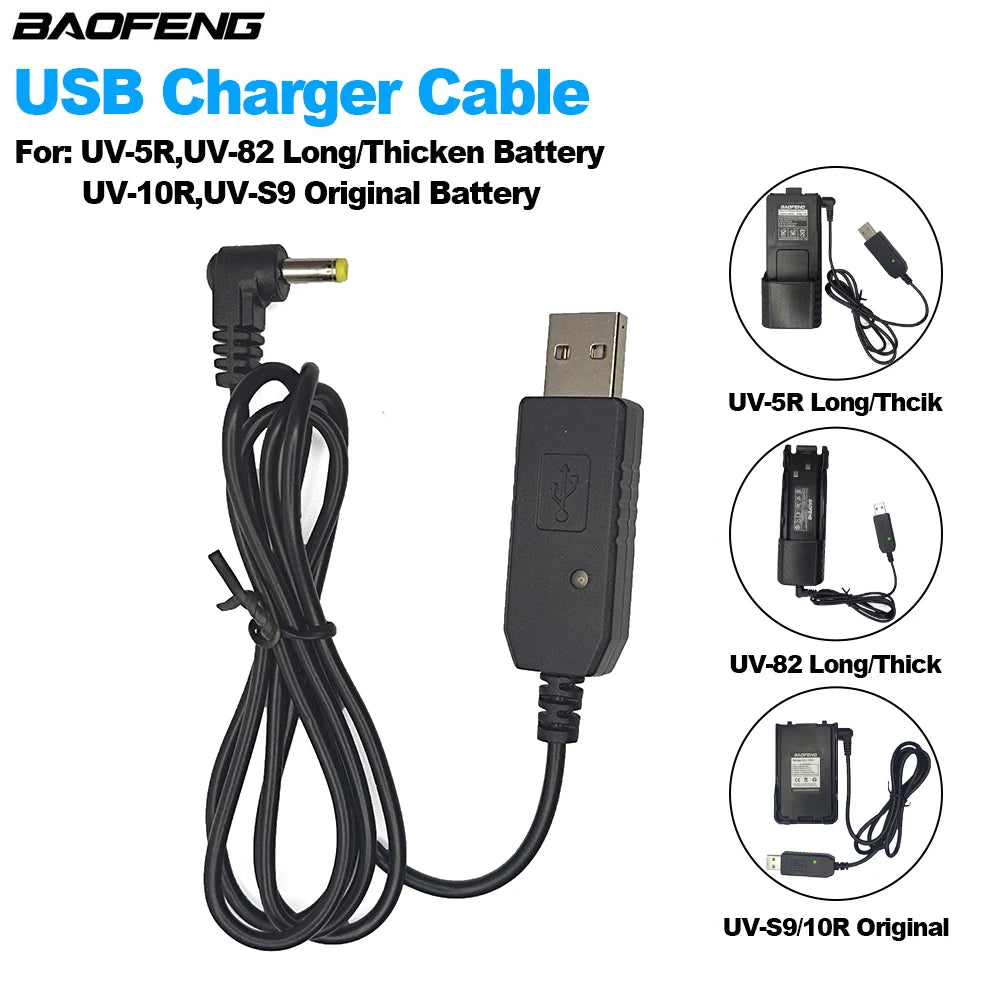 USB Charger Cable For BAOFENG Walkie Talkie UV-5R UV-82 Long/Thicken Battery Two Way Radios UV-S9/10R AR-152 Original Battery