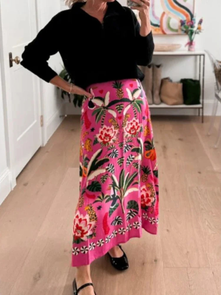 2024 Spring/Summer New Street Tropical Plant Print Retro Half Skirt Women's Elegant Lower Half Colored Printed Half Skirt