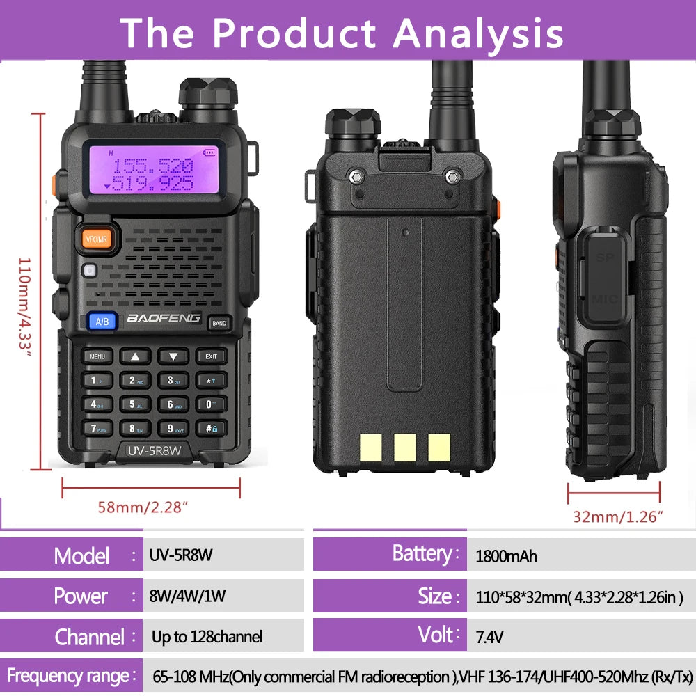 Baofeng Walkie Talkie UV 5R 5W 8W Dual Band Ham Two Way Radio Vhf Uhf FM Radio Handheld Transceiver Hunting 16KM