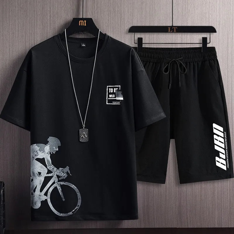 Summer Men's Casual Sports Suit Bicycle Printed Sports Outdoor Jogging Sweatshirt Sweatpants Breathable Quick Drying 2 Piece Set